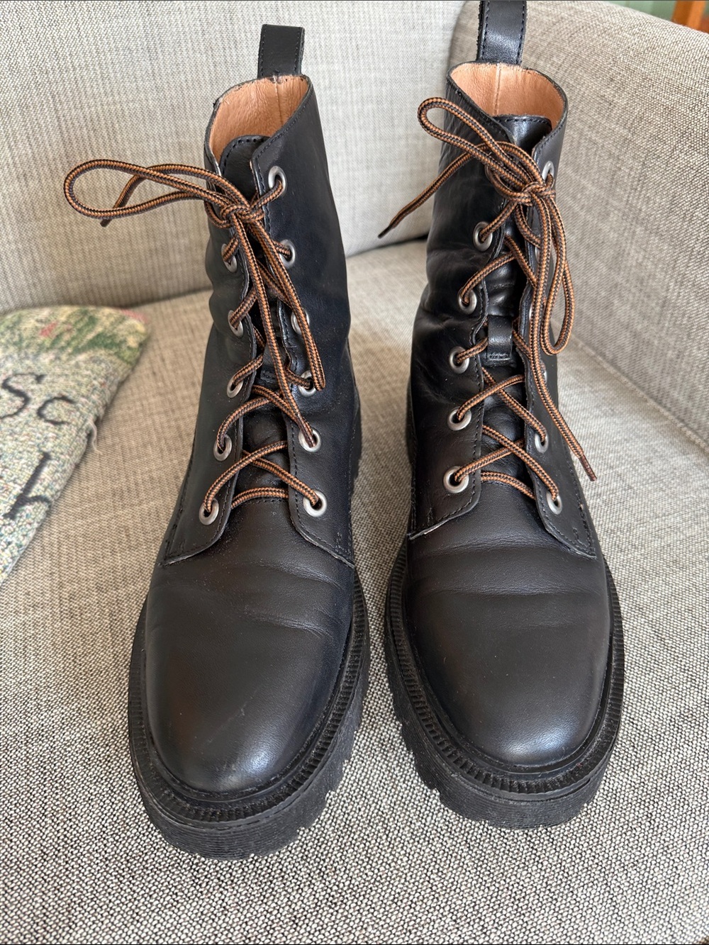 Madewell Black Leather Lace-Up Combat Booties with Brown Laces